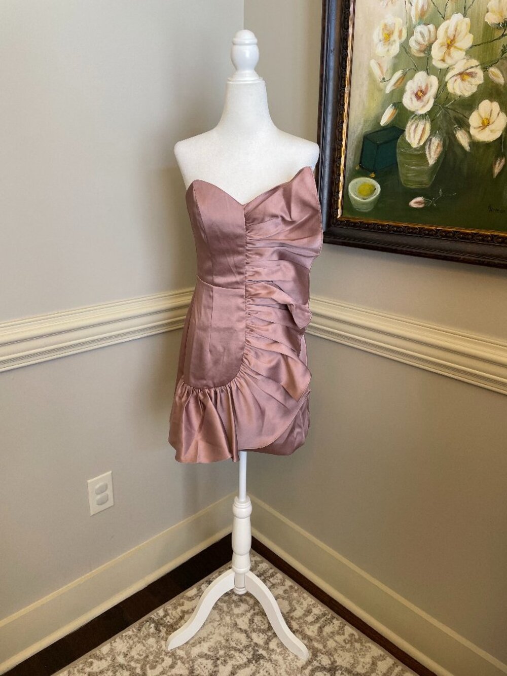 Elliatt Laura Pink Satin Strapless Mini Dress with Side Ruffle Size S